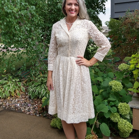 1950's CREAM LACE DRESS 50's shirtwaist S - Picture 6 of 12
